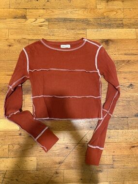 Urban Outfitters Rust Waffle-Knit Long Sleeve Crop Top